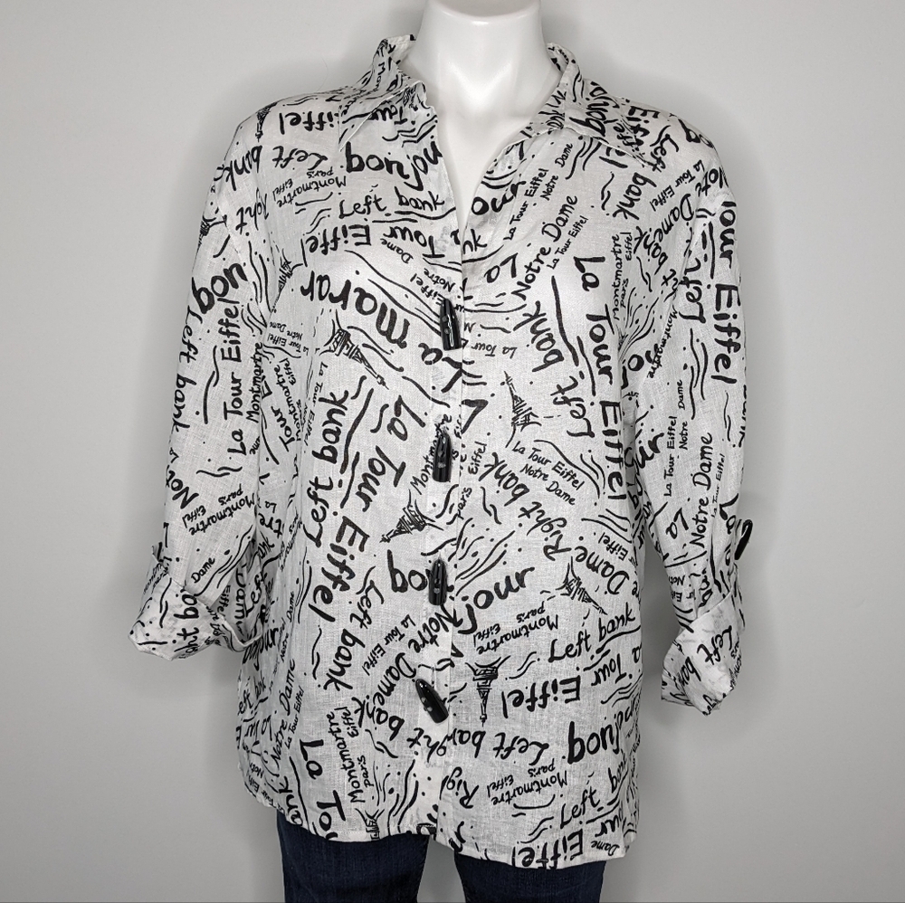 Laura Ashley black white Paris France button up 100% linen shirt L